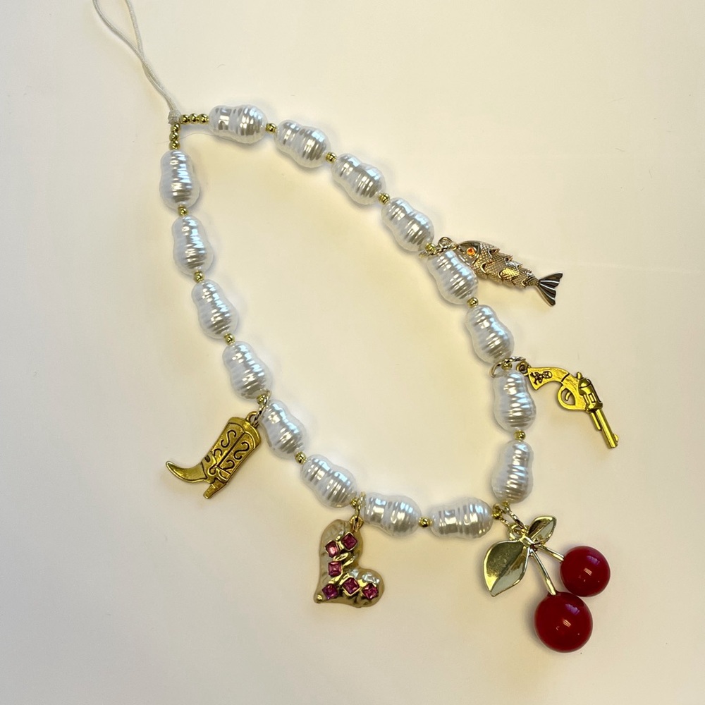 Charm and pearl phone wrist lanyard